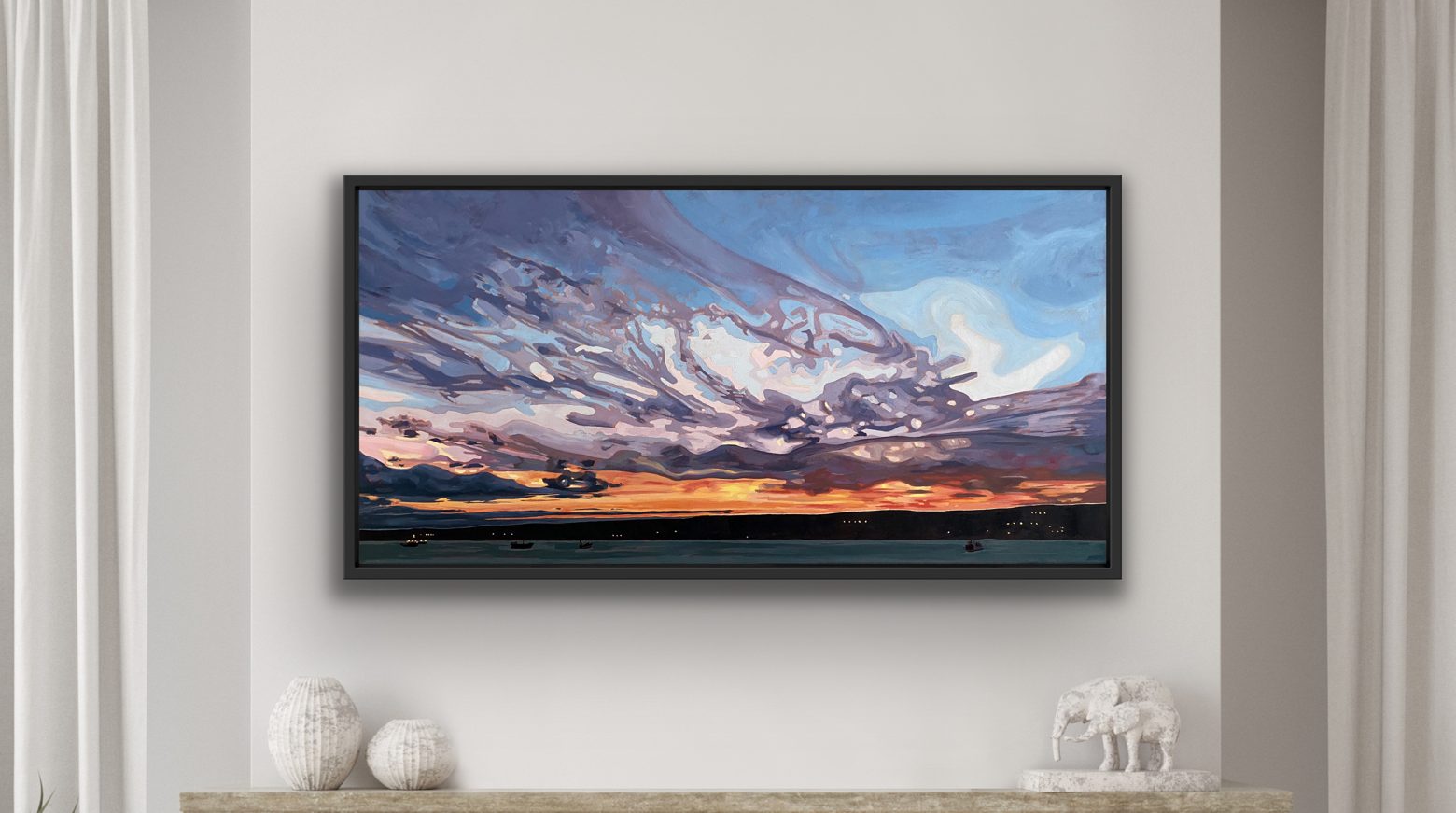 Canvas print of View of Burlington Bay by the Skyway Bridge above fireplace